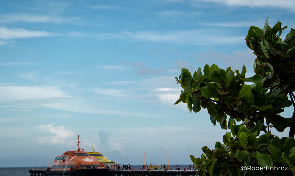 Puerto en Cancún. El horizonte lleno de mar, el cielo azul y el intenso verde de la naturaleza.